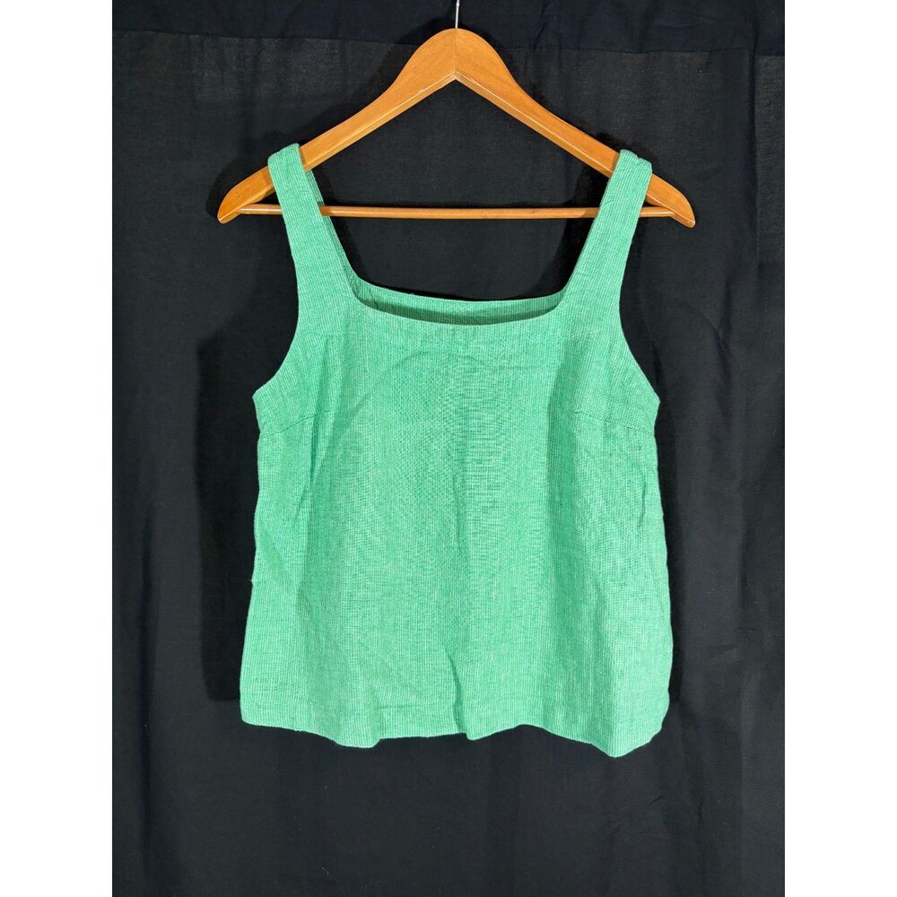 A New Day Green Square Neck Tank Top S Woven Linen Blend Sleeveless Summer